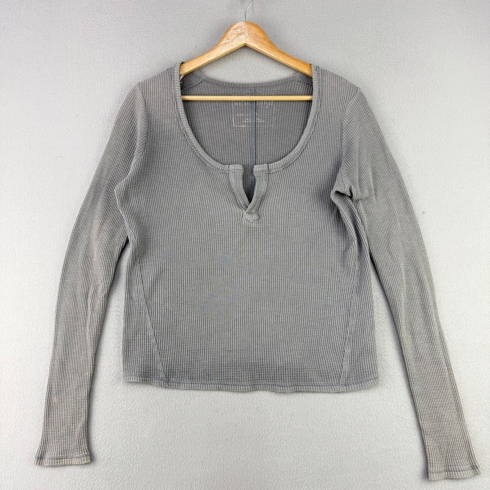 We The Free Waffle Knit Top Women S Gray Henley Thermal Long Sleeve